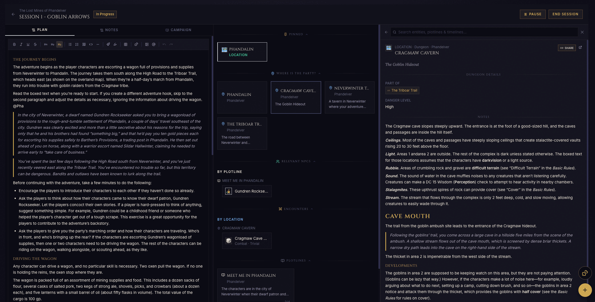 The GM Deck&rsquo;s three-column session runner: queued plotlines and locations on the left, live session notes in the centre, and a per-session dice log on the right.